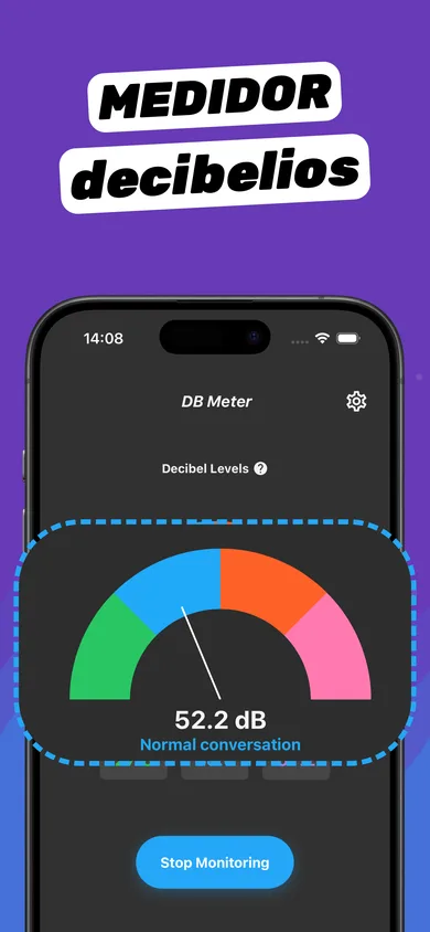 Medidor de decibeles de Clear Wave marcando 52,2 dB, conversación normal