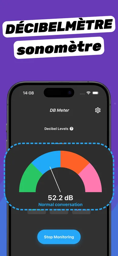 Sonomètre Clear Wave affichant 52,2 dB, niveau d’une conversation normale