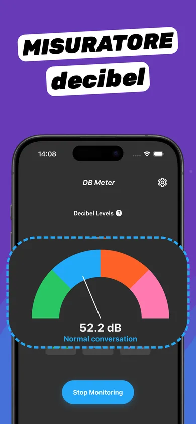 Fonometro di Clear Wave che mostra 52,2 dB, conversazione normale