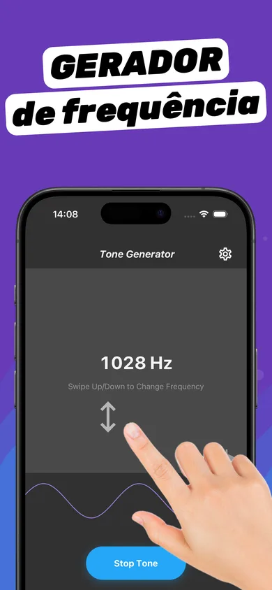 Gerador de frequência do Clear Wave tocando 1028 Hz; deslize para mudar a frequência