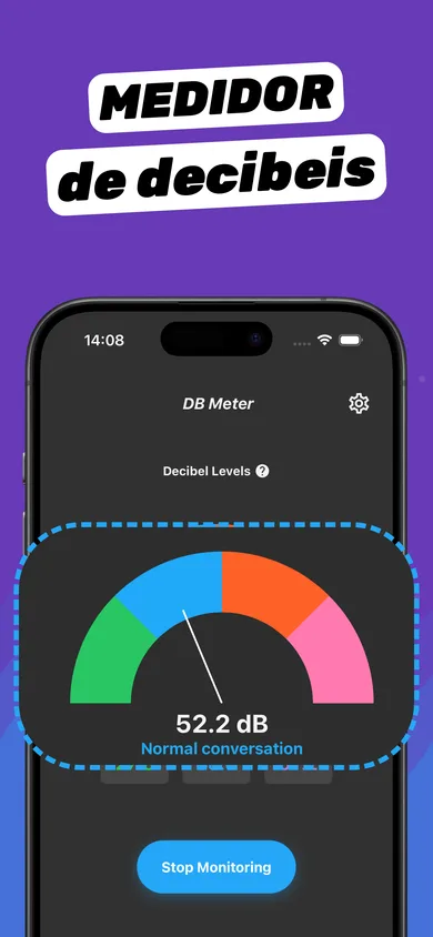 Medidor de decibéis do Clear Wave mostrando 52,2 dB, conversa normal