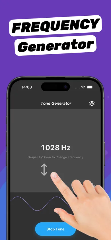 Clear Wave tone generator playing a 1028 Hz test tone – swipe to change frequency