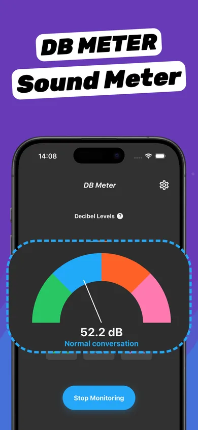 Clear Wave decibel meter showing 52.2 dB, normal conversation level