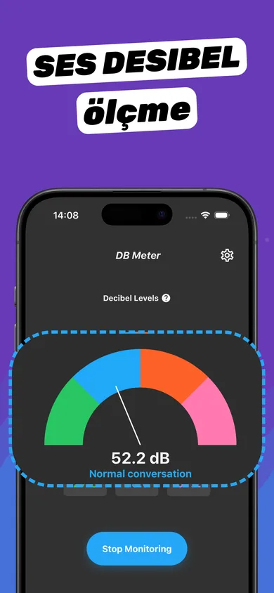 Clear Wave desibel ölçer 52,2 dB gösteriyor, normal konuşma seviyesi